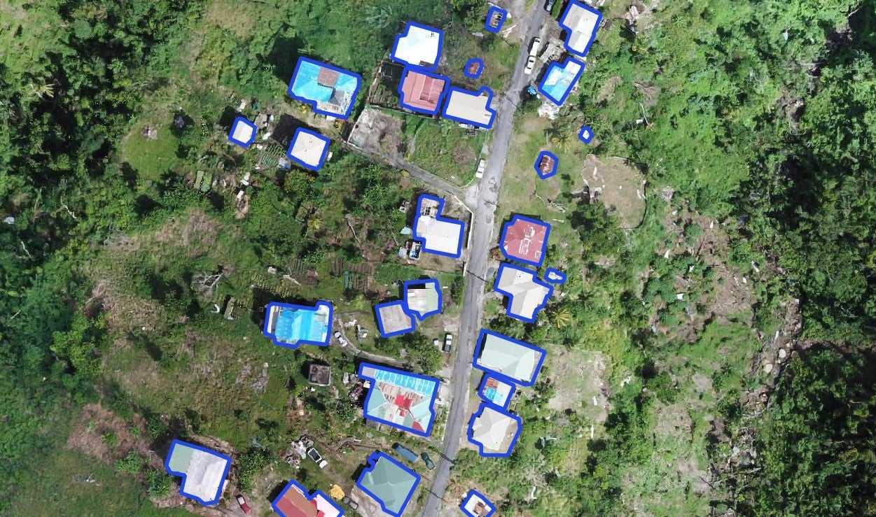 An example of an AI-generated map of building footprints in Salisbury, Dominica.