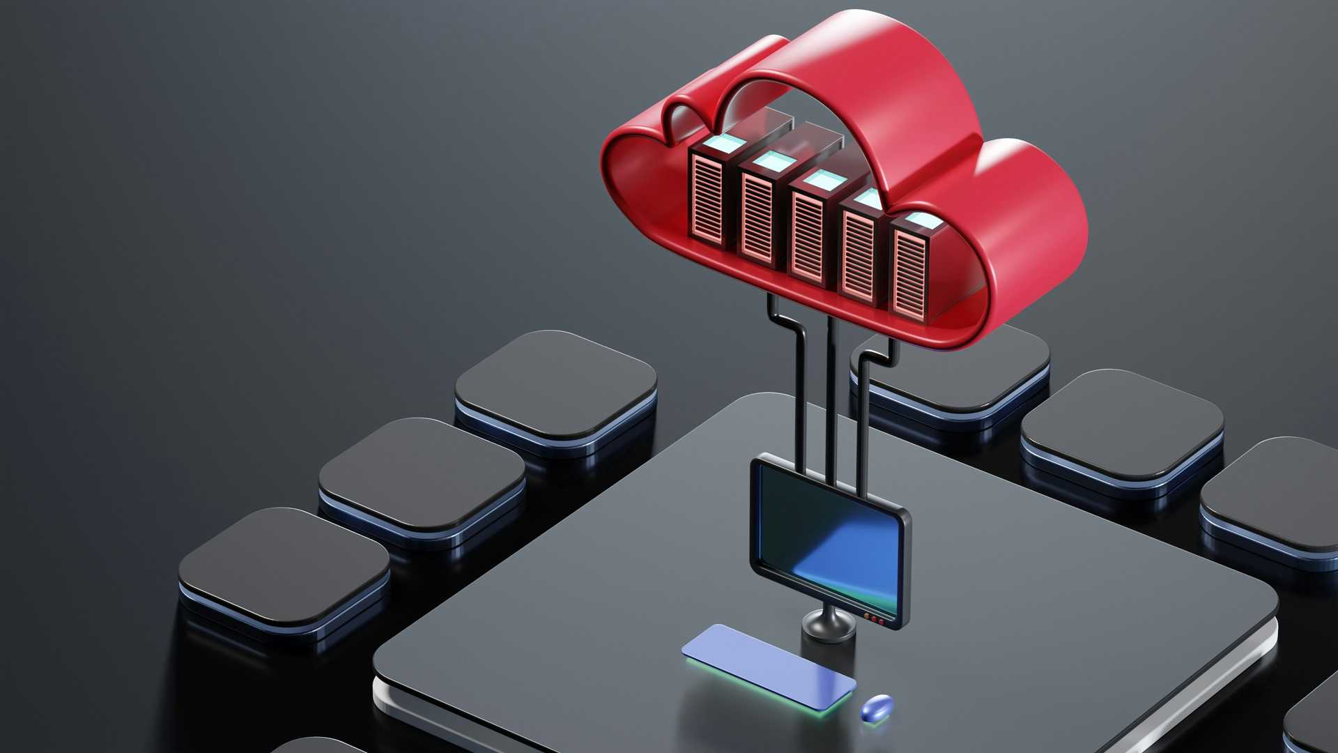 3D illustration of a cloud computing concept, featuring a red cloud-shaped structure connected to a computer monitor, symbolizing Cloud to Edge devices