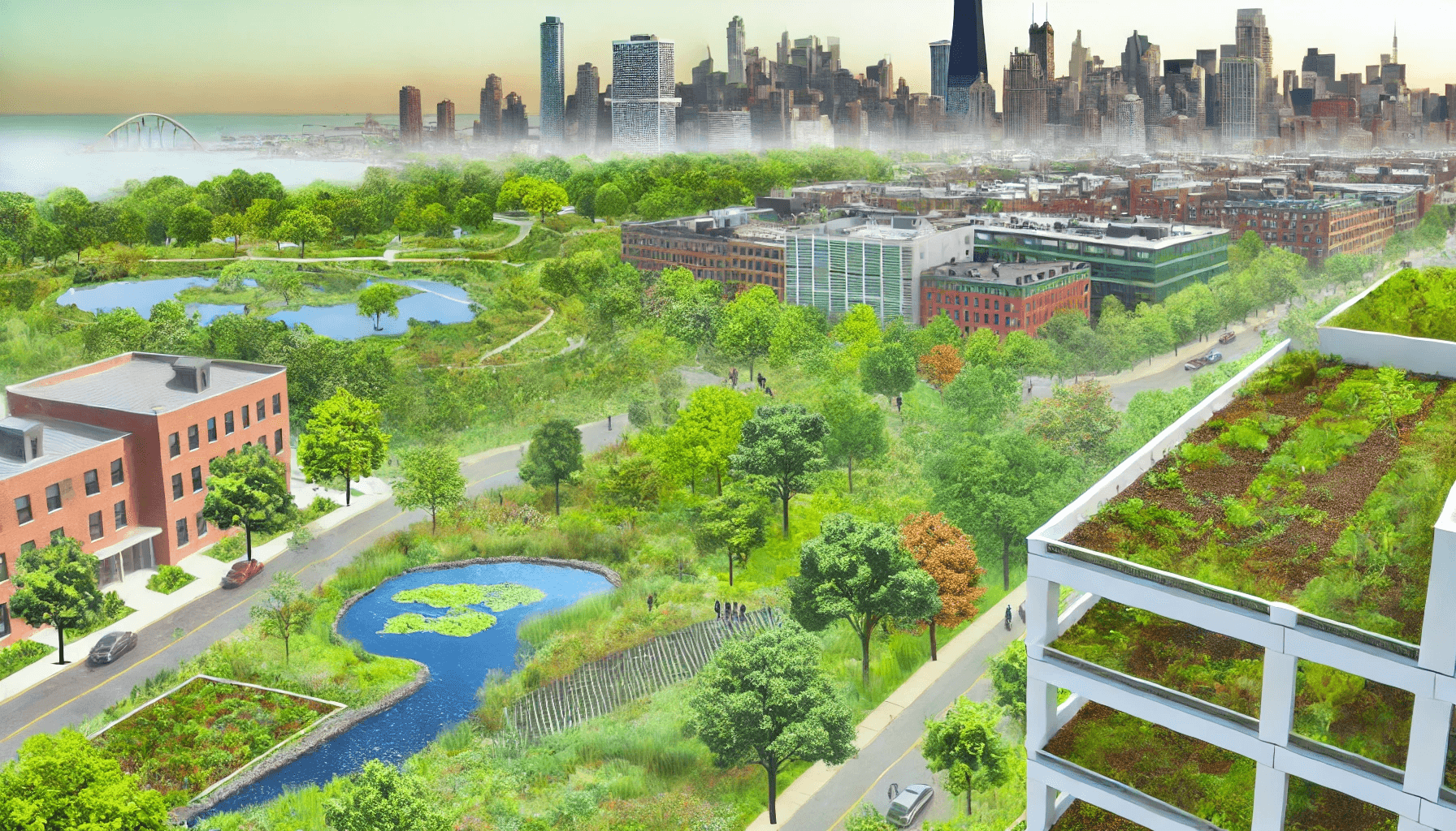 A vibrant and detailed image showcasing nature-based solutions in urban and near-urban areas. The scene includes a modern cityscape in the background with skyscrapers, mixed with green roofs and vertical gardens. In the foreground, there's a park with a bioswale for stormwater management, trees, and native plants. A nearby residential area features permeable pavements, rain gardens, and community green spaces. The image highlights the integration of natural elements like trees, water, and greenery with urban infrastructure, showing how technology and nature work together to create sustainable, resilient environments.  (prompt generated by chatgpt 4o)