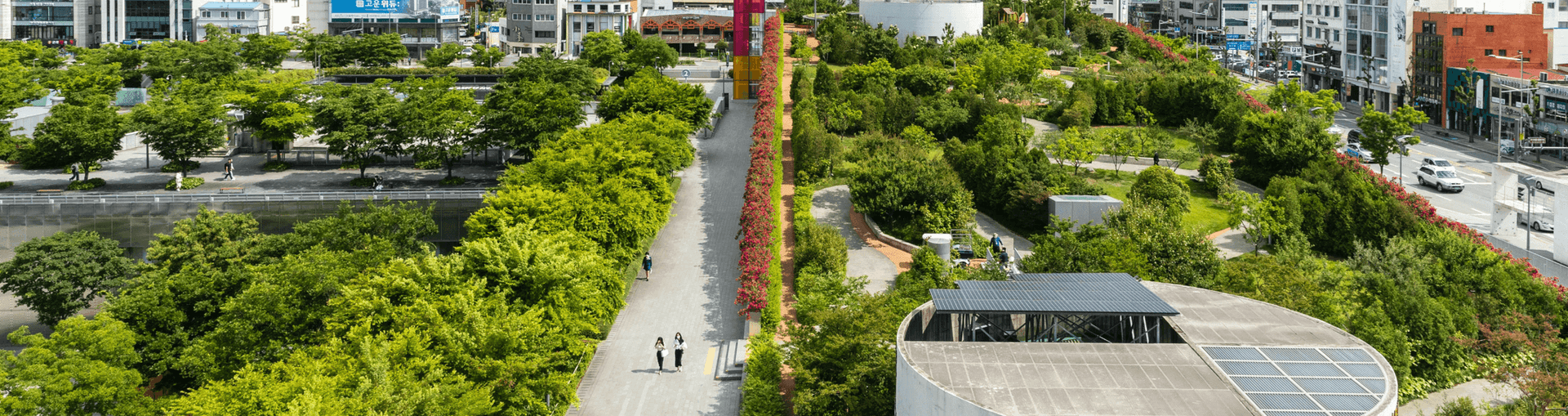 Aerial view of a green urban park with pathways, trees, and adjacent city buildings.