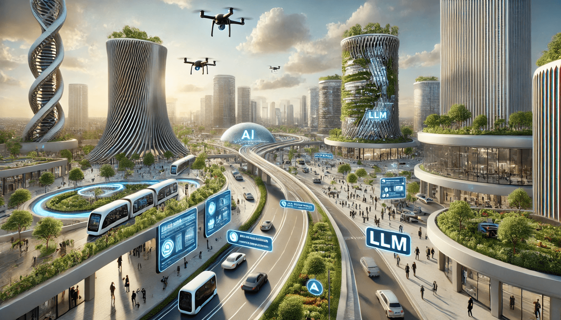 A futuristic urban landscape showcasing the integration of AI, sustainable technology, and LLM (Large Language Model) applications in city planning. The cityscape features ultra-modern, eco-friendly buildings with curved designs and vertical gardens. The streets are filled with autonomous electric vehicles, and dedicated lanes for high-speed public transit pods. The sky is populated with drones managing city operations and AI-guided construction robots. Large digital displays across the city show LLM-driven applications, such as real-time translation services, personalized city guides, and predictive analytics for urban development. Interactive kiosks powered by LLMs provide citizens with instant information on public services, transport, and events. The scene emphasizes the harmony between advanced AI technology, sustainable infrastructure, and human-centered design. (prompt generated by chatgpt 4o)