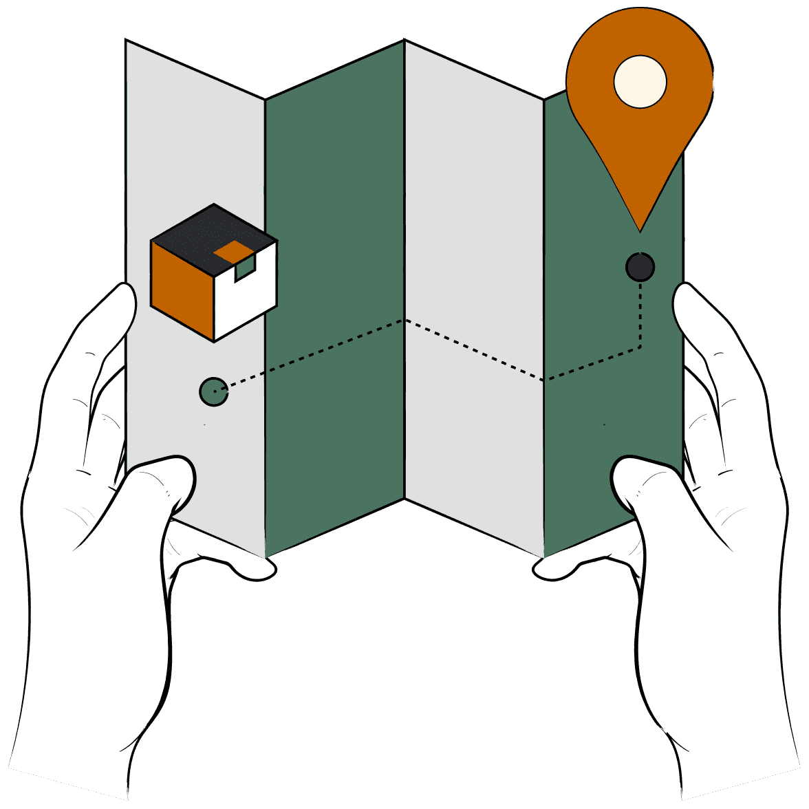 Illustration of hands holding a folded map with a house icon and a location pin, representing navigation or route planning.