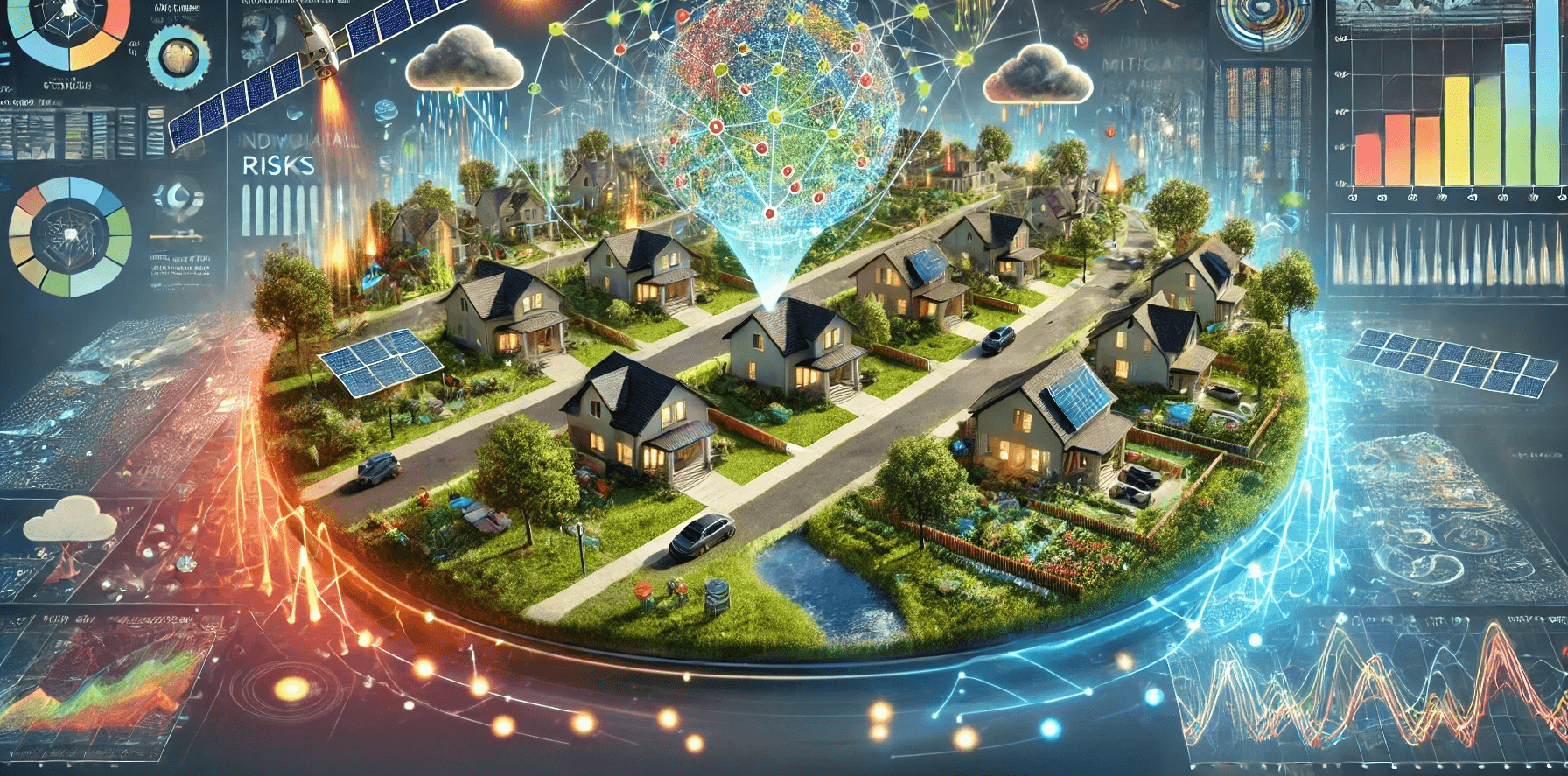 An intricate image illustrating the concept of 'Predicting Risks' with a focus on individualized climate risks for residential properties. The scene includes a suburban neighborhood with various houses, each highlighted by data overlays showing potential hazards such as flooding, extreme heat, and storms. A central feature is a detailed risk map displayed on a large digital screen, showing different risk levels across the area. The image also includes elements representing heat mitigation recommendations, such as solar panels, green roofs, and cooling centers. Drones and satellites are shown gathering data, with glowing data streams connecting to a central 'Resilience-as-a-Service' hub in the background. The color palette should blend natural tones with vibrant, glowing accents to highlight the technological aspects of the scene. (prompt generated by chatgpt 4o)