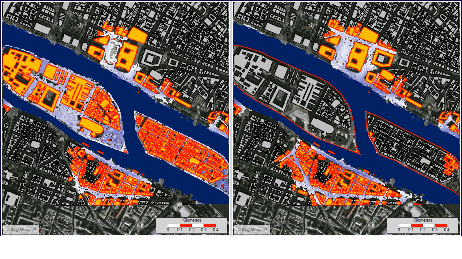 Flood modeling scenario using different datasets from drones, satellite imagery and laser scans on a GIS platform