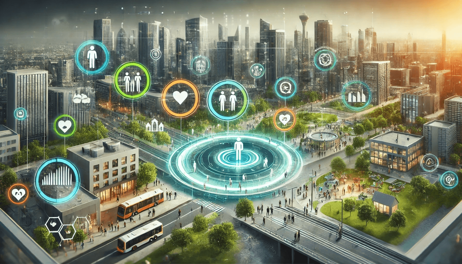 A futuristic cityscape showcasing a human-centered digital twin concept. The image features a vibrant urban environment with digital overlays that focus on the well-being and needs of the city's residents. These overlays display real-time data on public health, transportation, environmental conditions, and community spaces. The digital twin emphasizes personalized and community-driven insights, with people interacting with user-friendly interfaces that help improve their daily lives. The city is modern, with green spaces, smart buildings, and a harmonious integration between technology and human-centered design.  (prompt generated by chatgpt 4o)