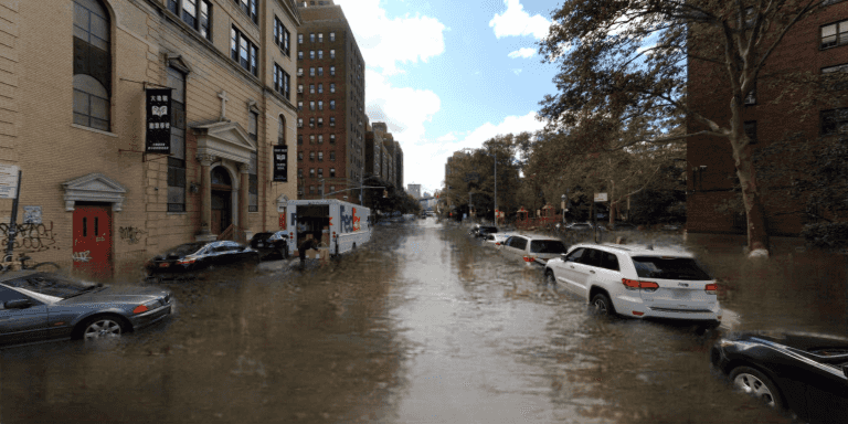 An AI-generated image of a flooded street on New York City's Lower East Side.