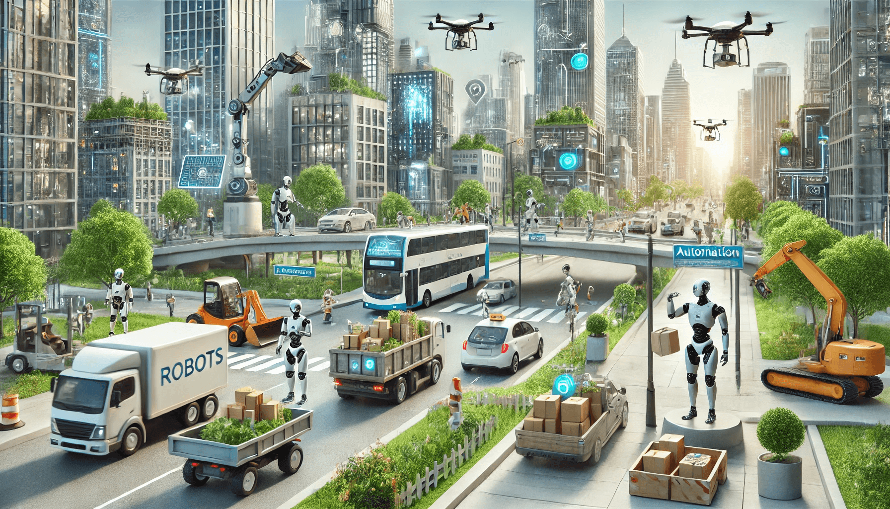 A futuristic city where robots assist with automation work. The scene includes robots performing construction, cleaning streets, and maintaining infrastructure. Autonomous vehicles drive through the city, and drones deliver packages. The cityscape features modern skyscrapers with integrated greenery and advanced technology. The image captures a high-tech urban environment where robots and automation are integral to daily life.  (prompt generated by chatgpt 4o)