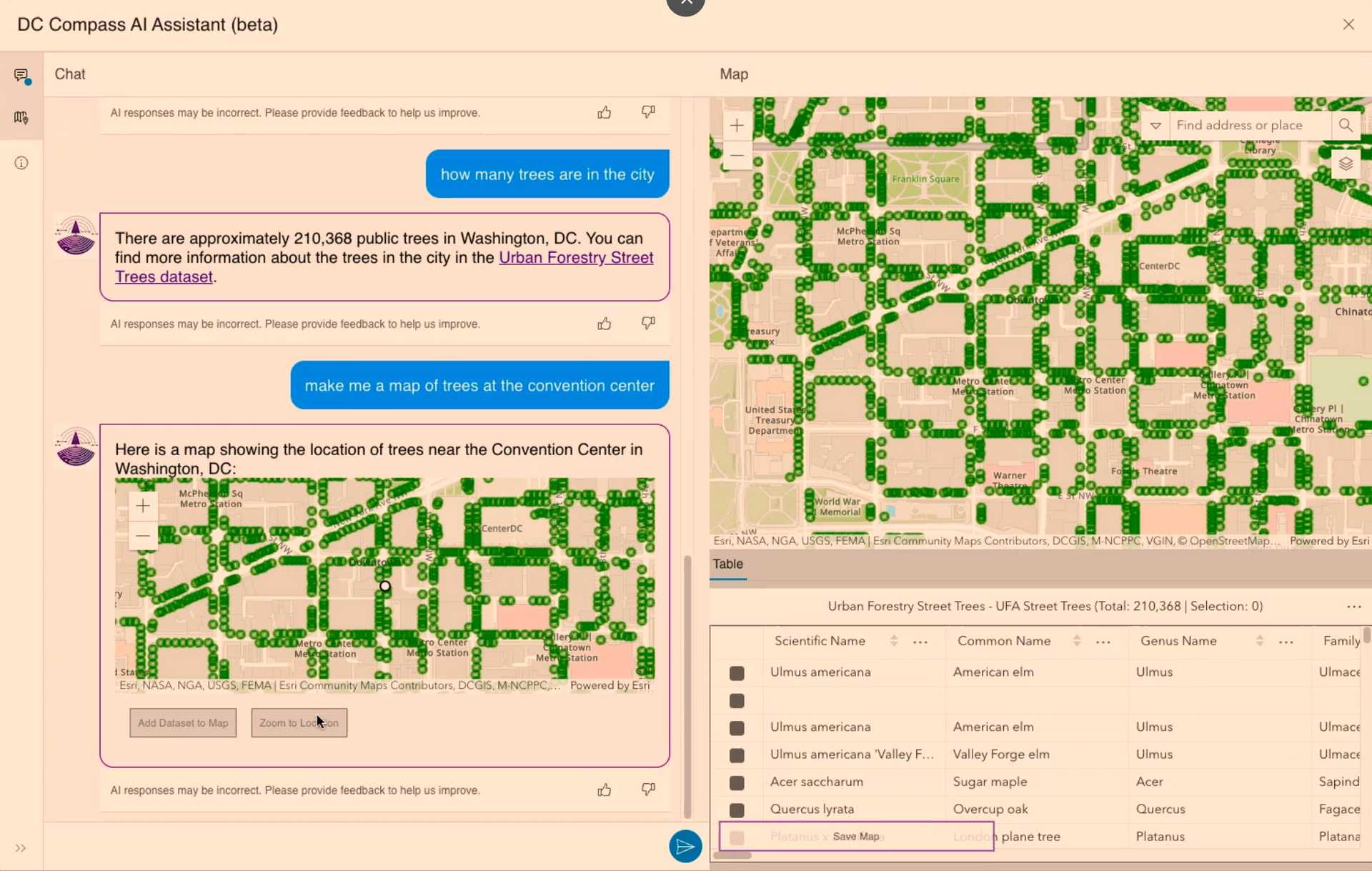 The AI Assistant with prompts (questions and requests) in blue. The AI is accessing the data in the designated ArcGIS Hub site.