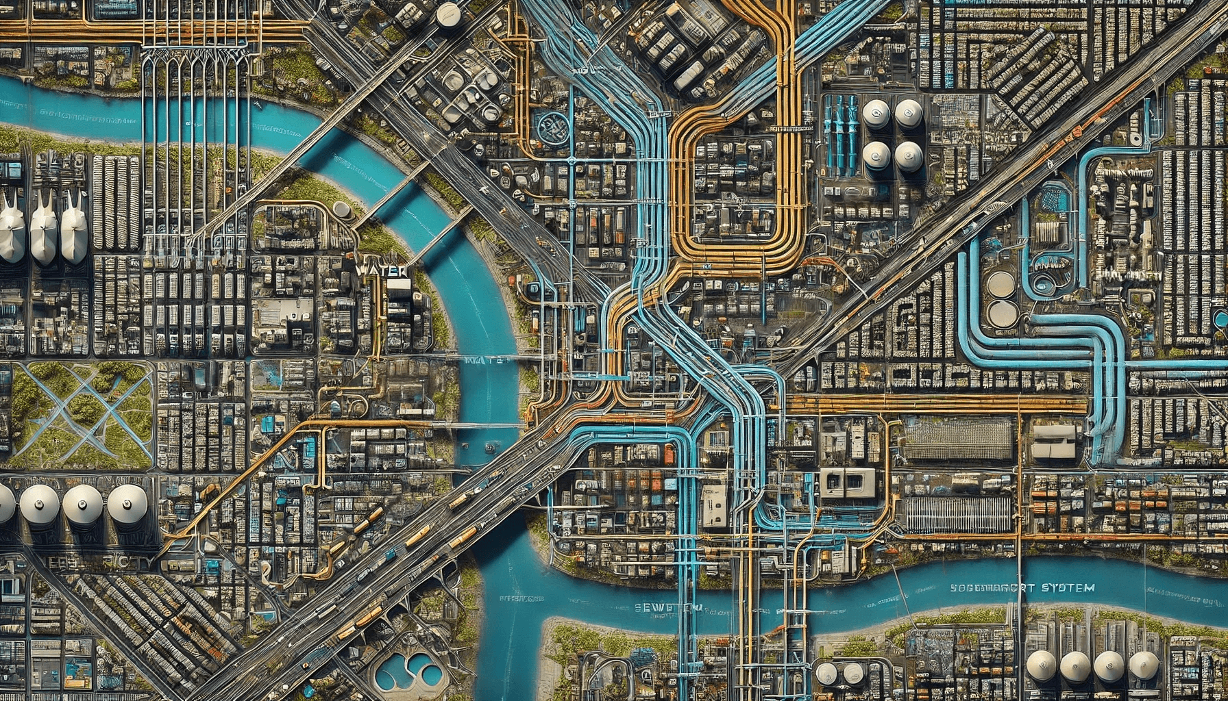 A highly detailed, top-down map of a city displaying precision-mapped infrastructure. The map highlights various infrastructure systems including water pipelines, the electricity grid, sewer systems, and transportation networks. Each type of infrastructure is represented with distinct, vibrant colors. The water system is shown with blue lines, the electricity grid with yellow lines, the sewer system with green lines, and transportation networks with red and grey lines. The map includes a mix of urban and suburban areas, with detailed icons for major infrastructure nodes like power plants, water treatment facilities, and transportation hubs. The overall map has a clean, modern design, with a slight 3D effect to emphasize depth and structure. (prompt generated by chatgpt 4o)