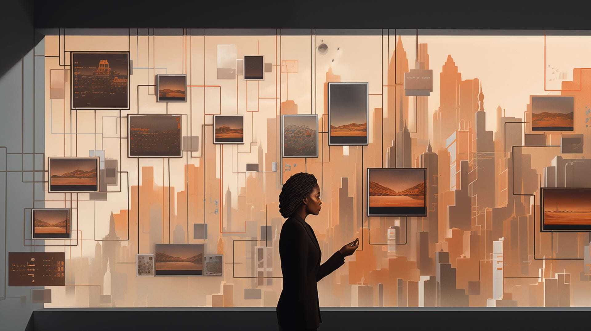 An illustration of woman of color considering a network of screens illustrating different variations of the same building design.