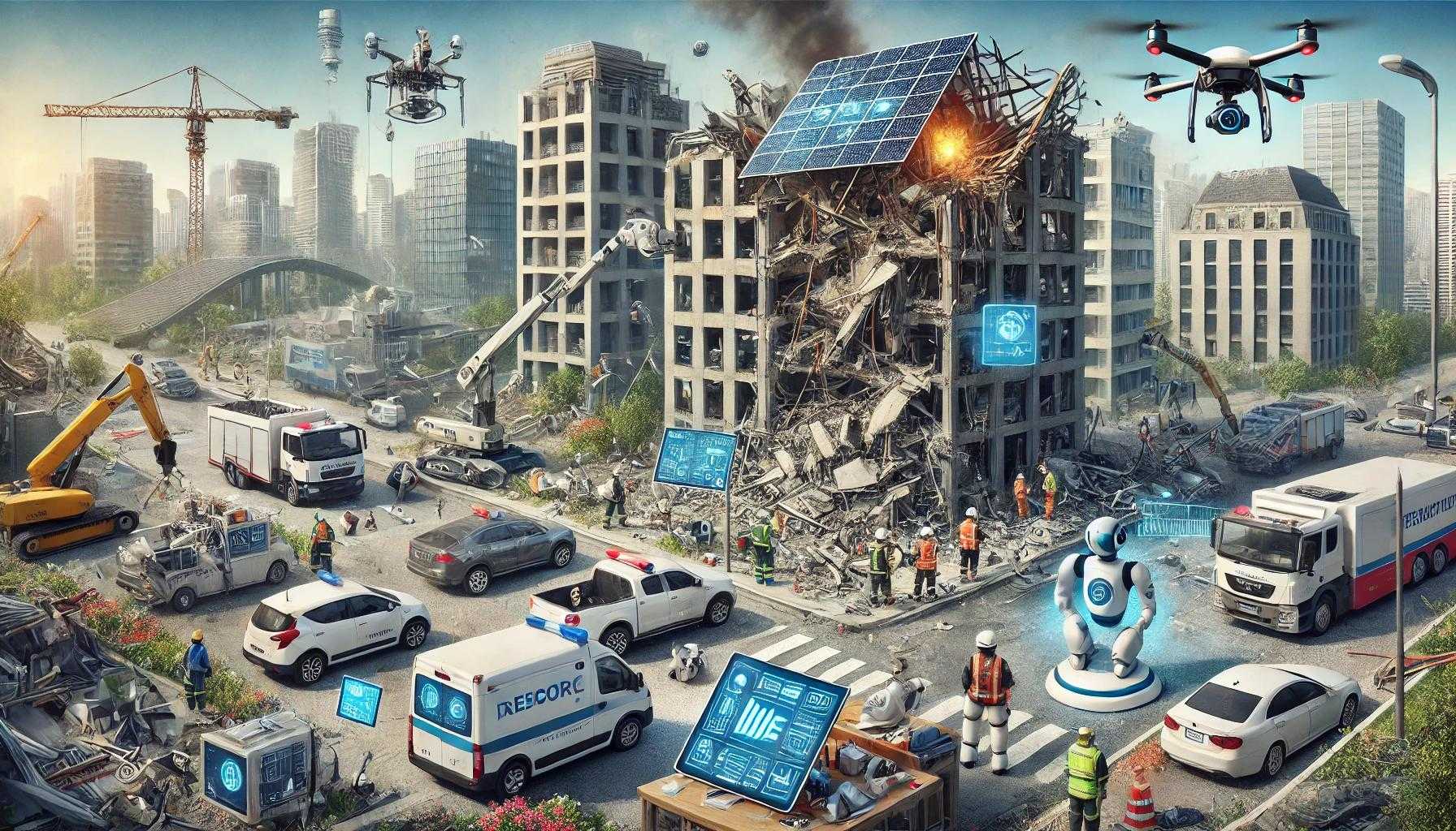 A detailed image of post-disaster damage assessment in a modern urban area, incorporating advanced urban tech solutions and robotics. The scene includes emergency responders, engineers, and various robots assisting with the assessment. Buildings are partially collapsed, with debris scattered. Engineers use tablets and laptops for real-time data analysis, and drones capture aerial footage. Emergency responders assist injured people with advanced medical devices, while robots with cameras and sensors navigate the rubble. Smart infrastructure like solar-powered streetlights and automated traffic management systems are visible. A damaged smart bridge in the background has sensors providing structural data. The overall mood is focused on high-tech assessment and recovery.  (prompt generated by chatgpt 4o)