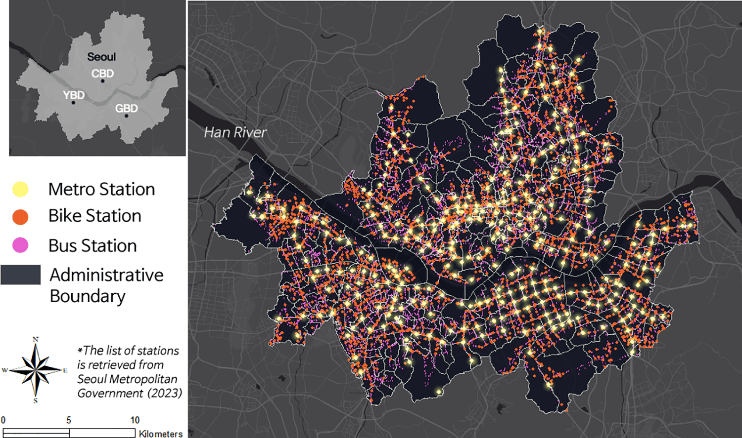 A map to show the paper's study area and distribution of public transit stations.