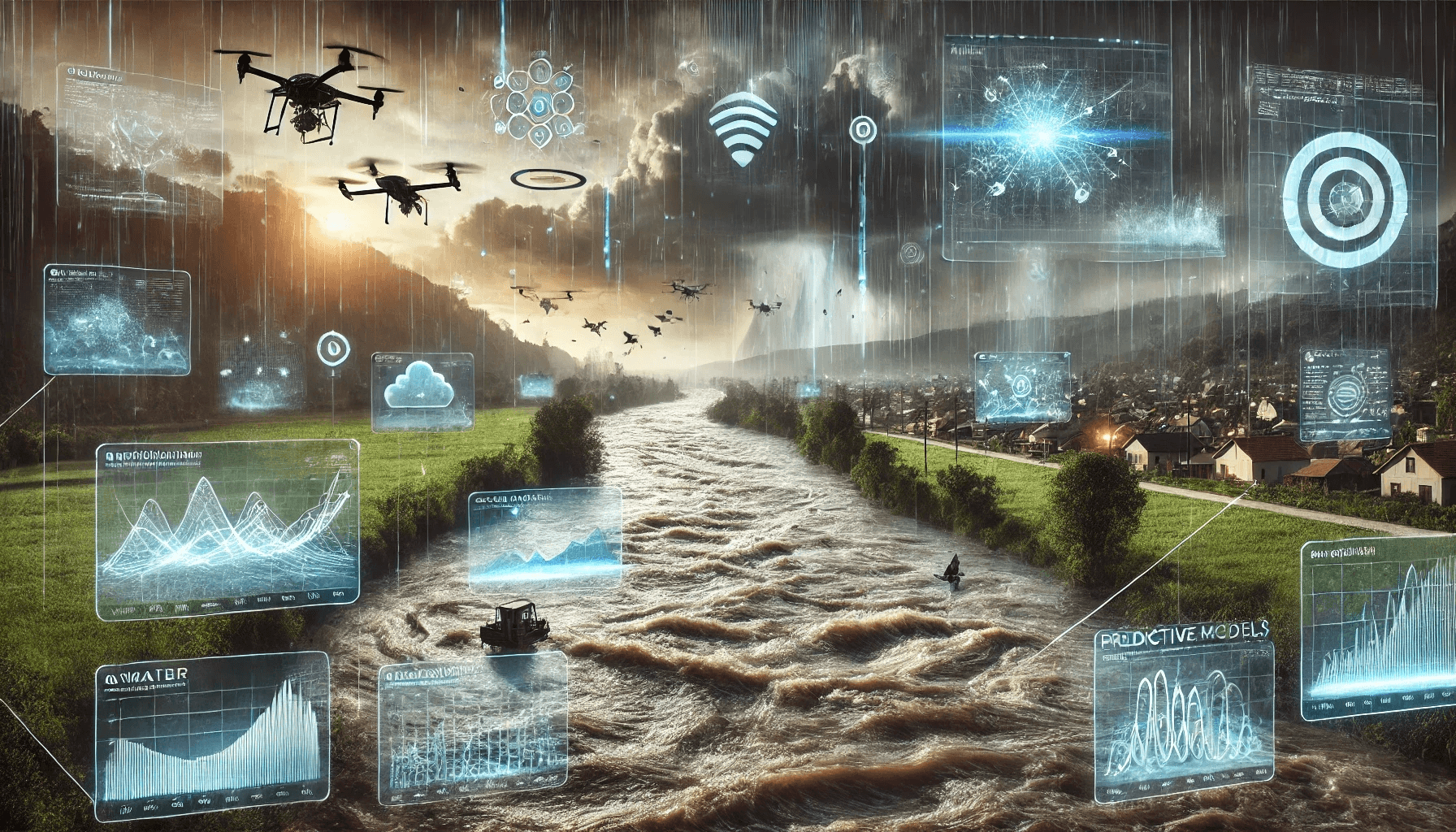 A powerful image depicting 'Predicting Floods with the Help of Tech and AI.' The scene shows a river swollen with rain, close to overflowing its banks, near a small town. In the foreground, advanced technology and AI elements are depicted: drones flying above the river, satellites in the sky, and a digital control center in the background. The control center is connected to the environment by data streams, with glowing interfaces overlaying the landscape, analyzing water levels, weather patterns, and possible flood routes. The color palette should reflect an impending storm with dark clouds but with the glowing data streams providing a sense of control and prediction. (prompt generated by chatgpt 4o)