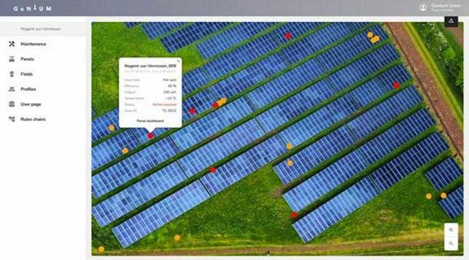 Example of a solar panel field image captured by a drone and analyzed with computer vision to detect potential anomalies (captured in red and yellow).