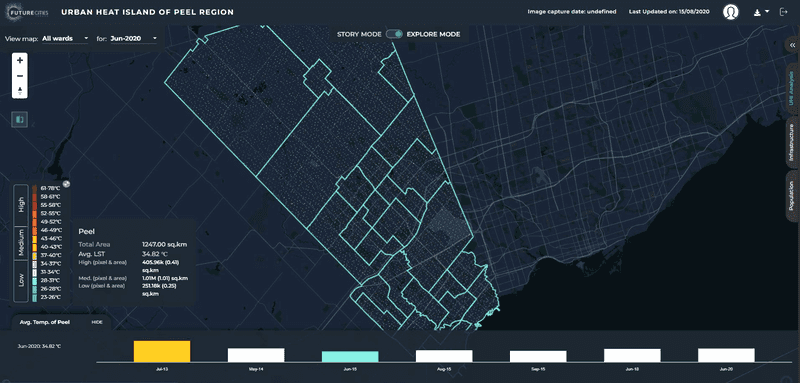 A web-based urban heat island simulation tool showing a map of a Canadian city overlaid with data about hazardous heat.