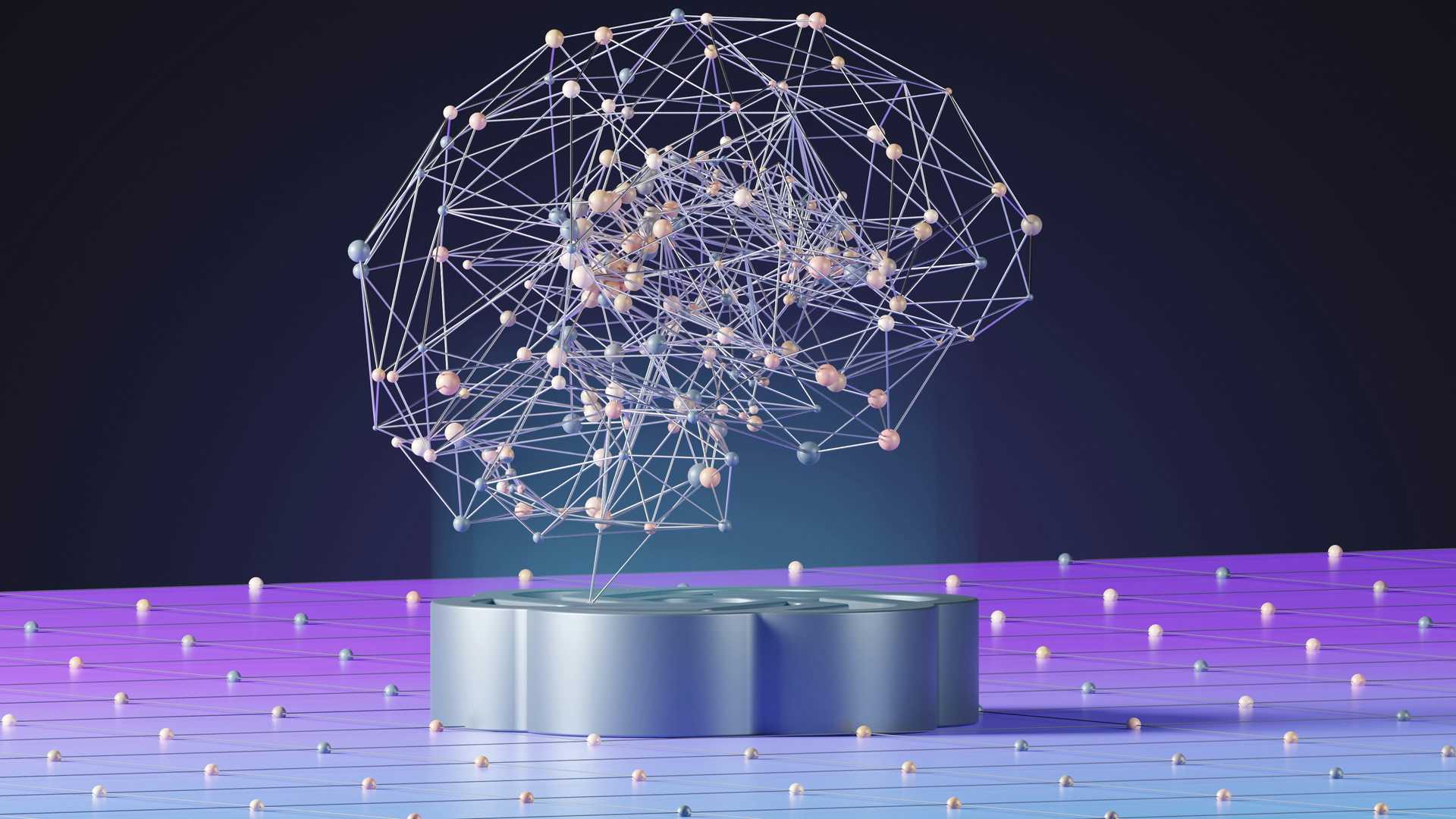 3D illustration of a network of interconnected nodes forming a brain-like structure, symbolizing artificial intelligence or neural networks