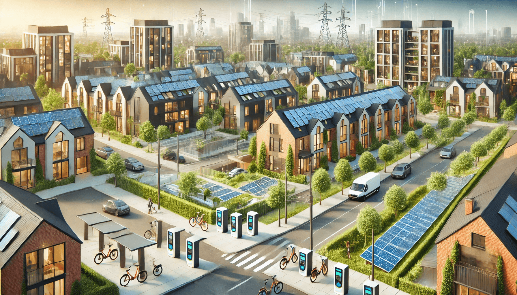 An urban neighborhood transformed by a microgrid makeover. The scene features a blend of modern residential buildings with solar panels on rooftops, connected to a Virtual Power Plant (VPP). A community grid with energy storage systems is visible, ensuring reliable power supply. Ebikes are parked and in use by residents on clean, green streets. The environment showcases a mix of technology and sustainability, with charging stations for ebikes, and smart meters on houses. The overall atmosphere is one of innovation and eco-friendliness, highlighting the integration of microgrids into everyday urban life. (prompt generated by chatgpt 4o)