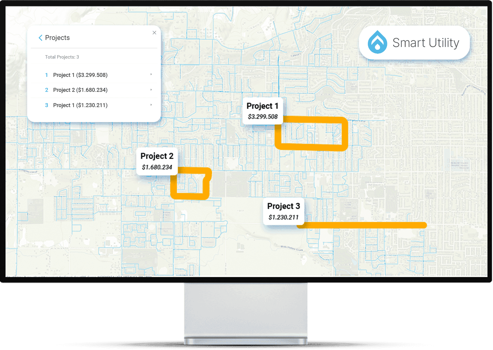 A computer screen displaying a map interface from a "Smart Utility" application. The map represents infrastructure or utility management, showcasing the allocation of resources across different areas.