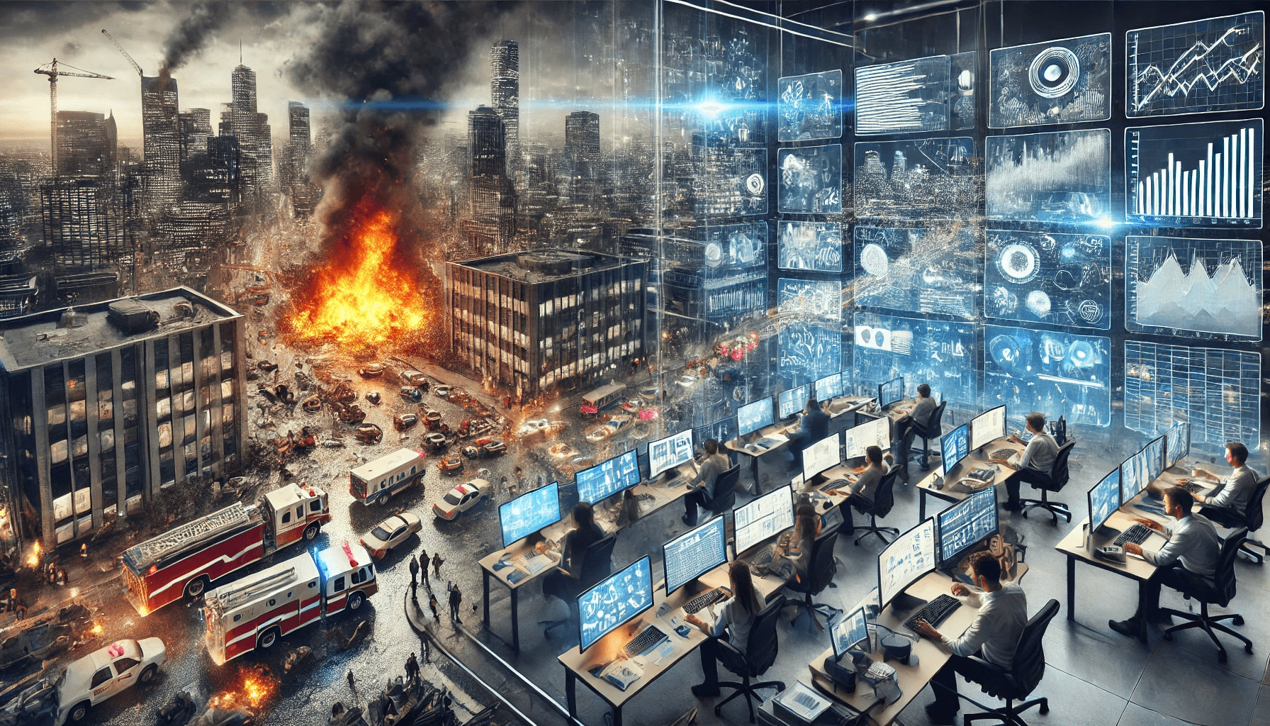 An urban scene showcasing real-time crisis management with AI during a disaster. The foreground features a city area affected by a disaster, with damaged buildings, smoke, and debris. Drones and robots are actively working in the area, providing assistance and gathering data. On the side, screens display real-time analysis data, including maps, risk levels, and weather information. In the background, a highlighted office area shows people working on different analyses remotely. The office is filled with high-tech equipment, screens, and holographic displays, symbolizing coordination and real-time decision-making behind the scenes. (prompt generated by chatgpt 4o)