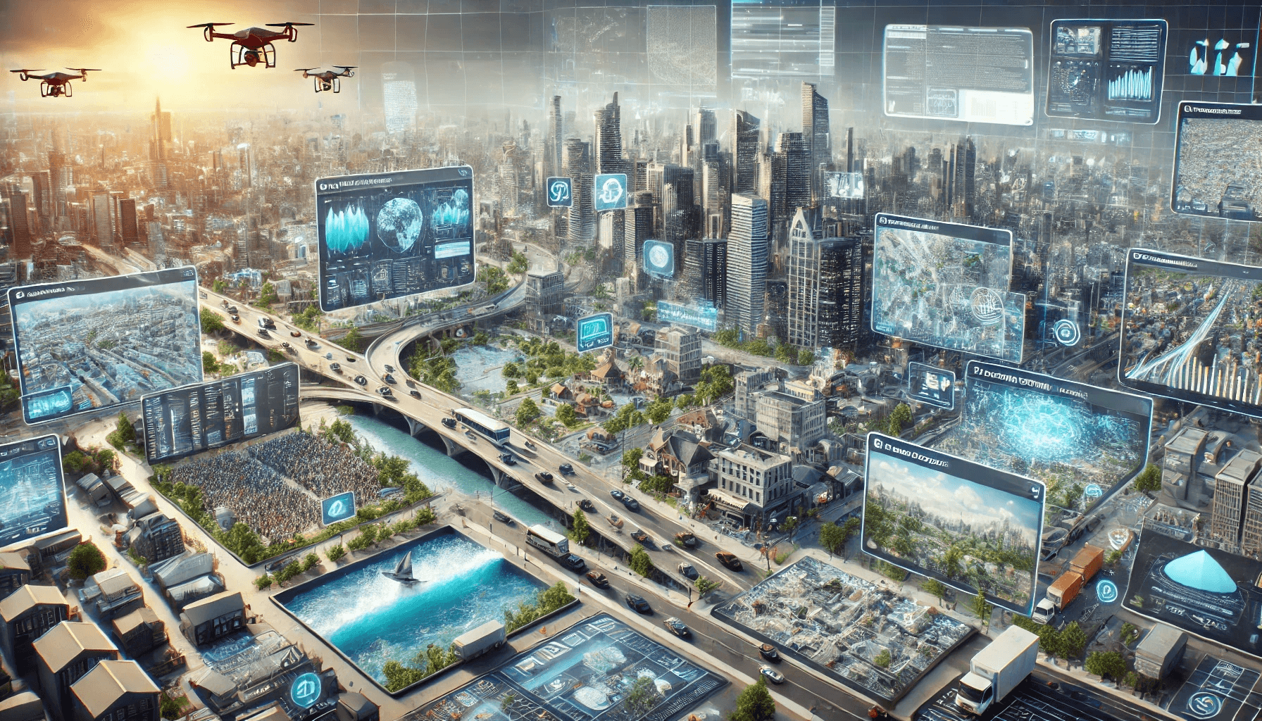 A photorealistic image representing abundant scenarios in urban planning over the next decade. The scene depicts a bustling city where AI-powered simulations and technologies like synthetic populations, photorealistic flood simulations, and web-based scenario generators are being utilized. The cityscape features interactive screens and digital interfaces displaying various urban scenarios, from transportation patterns to climate change impacts. Buildings and infrastructure adapt dynamically in real-time as different scenarios are visualized. Drones and AI systems gather data and update models continuously. The overall atmosphere reflects a high-tech, forward-thinking urban environment where decision-makers have access to a vast array of evolving models that guide resilient urban development. (prompt generated by chatgpt 4o)