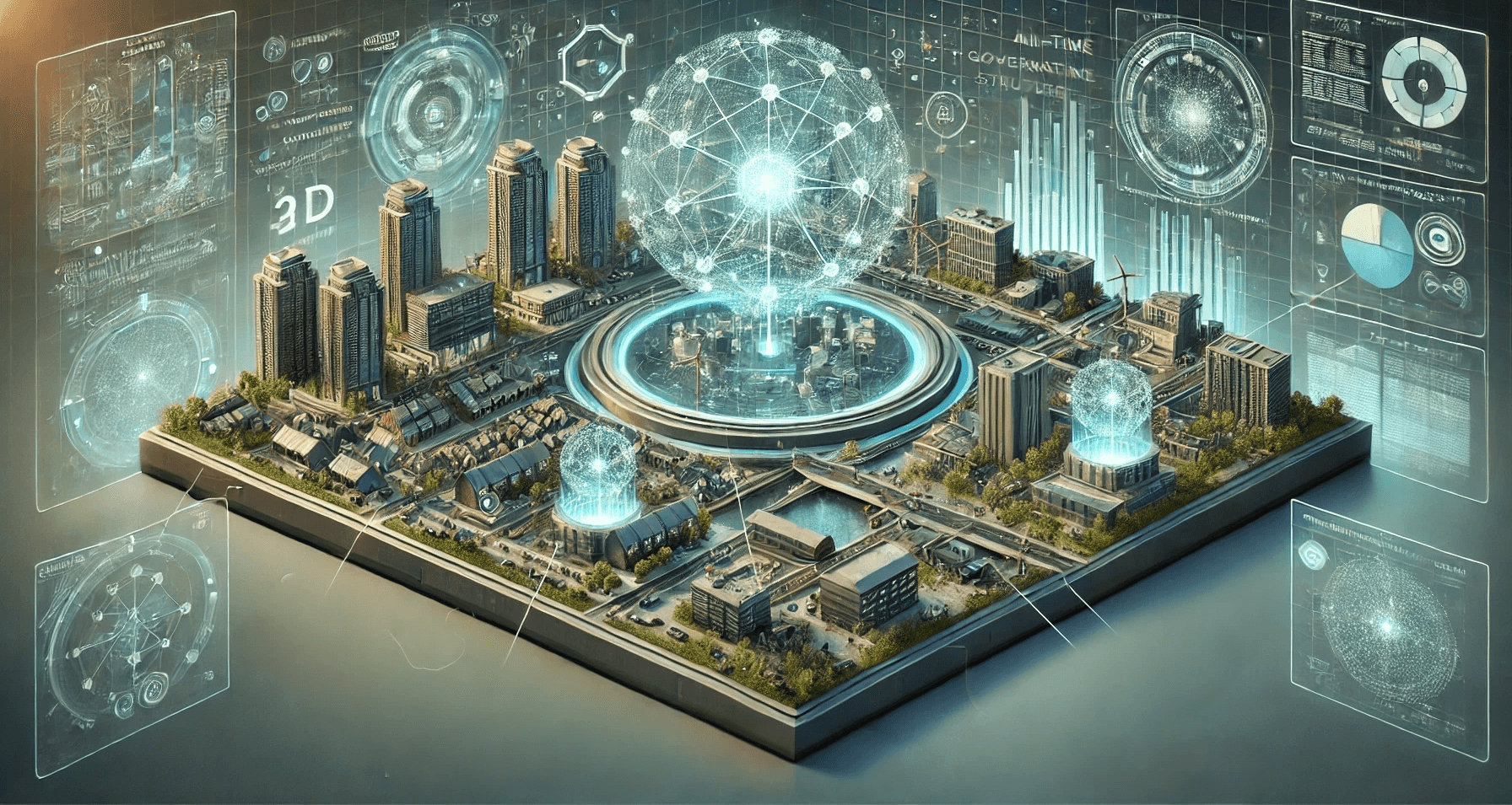 A futuristic image depicting the concept of 'Second-Generation Digital Twins.' The scene showcases an advanced digital twin environment where physical and virtual realities are deeply integrated. On the left side, there is a 3D representation of a smart city with buildings, transportation systems, and infrastructure, all connected to a highly responsive digital twin. This twin is displayed on a large, holographic screen that shows not only 3D but also 4D (time-based) models, highlighting real-time data updates and predictions. The image should include elements such as AI-driven analytics, real-time responsiveness, and the potential for immersive interaction. The color palette should be a mix of high-tech blues, greens, and subtle golds, giving the scene a cutting-edge yet grounded feel. (prompt generated by chatgpt 4o)