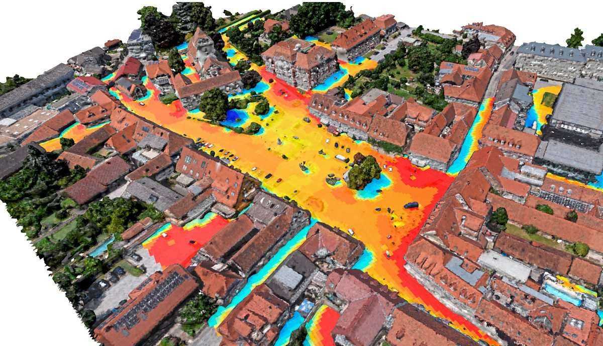 A drone shot of the city of Weiz, recorded with a thermographic and multispectral camera.